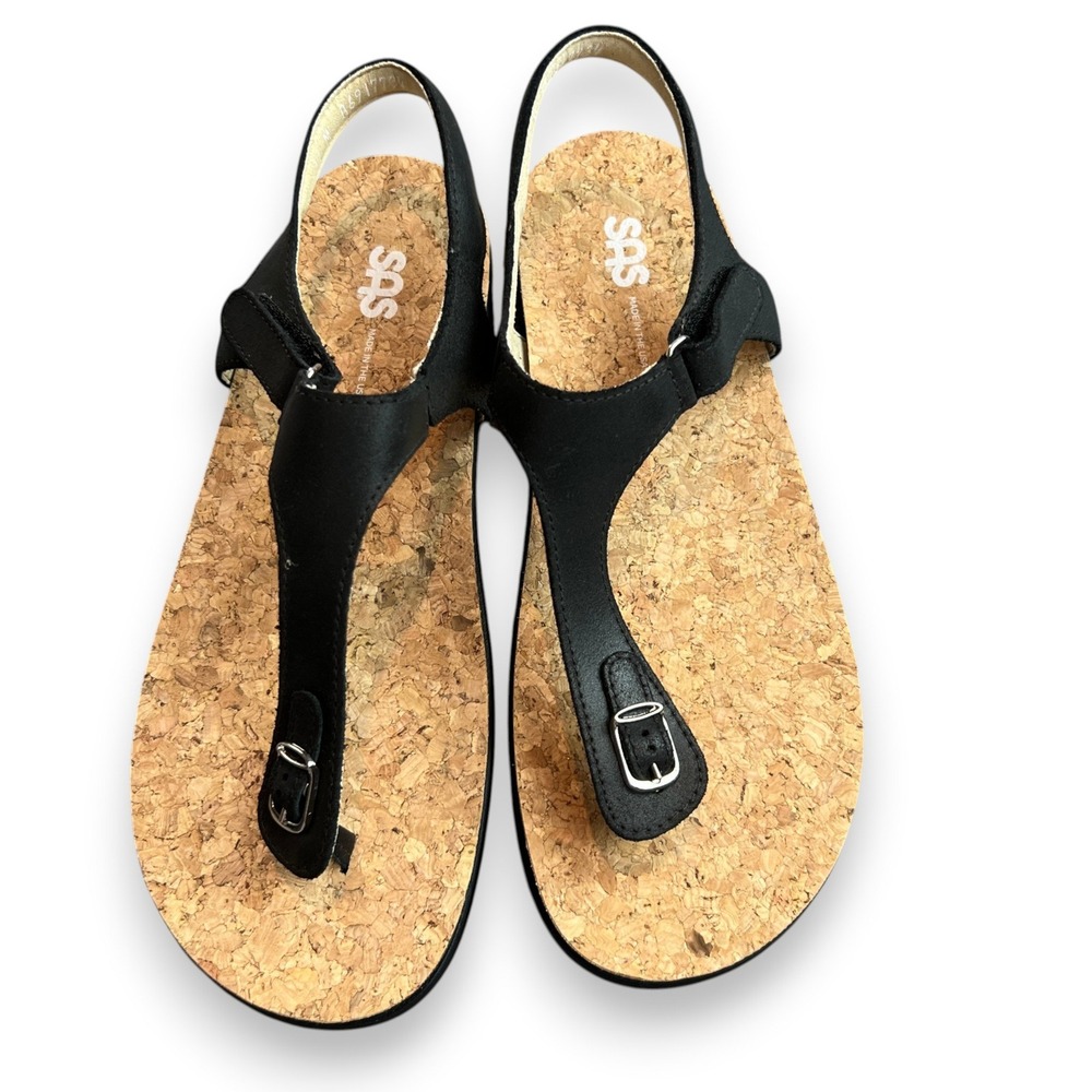 SAS Marina Womens Size 11 M Black Cork Platform Sandals Leather T-Strap USA